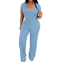PINSV Womens 2 Piece Outfits Lounge Short Sleeve Tops High Waisted Wide Leg Pants Tracksuit Sets