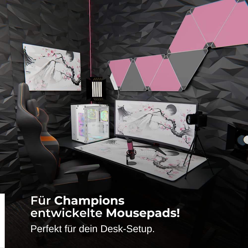 Nyfter - 3XL Gamingowa podkładka pod mysz Sakura, biała, 1200 x 600 mm, Premium Fuji podkładka pod mysz, duże zszyte krawędzie, trwała, z high-end Glide i antypoślizgową podkładką pod mysz Speed