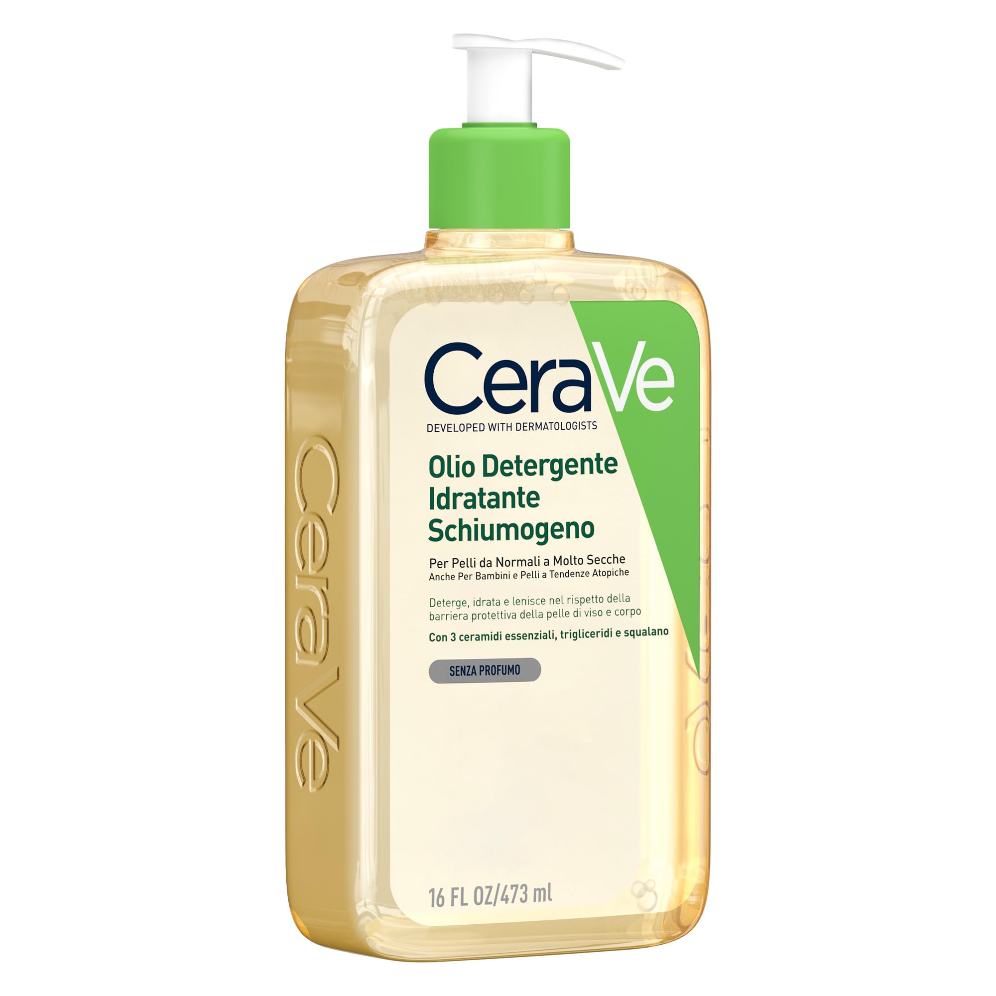 CeraVe Olio Detergente Schiumogeno, Per Pelli Secche e Molto Secche, Azione Idratante e Lenitiva, Rimuove Sebo e Impurità, Con 3 Ceramidi Essenziali, Trigliceridi e Squalano Vegano, 473 ml