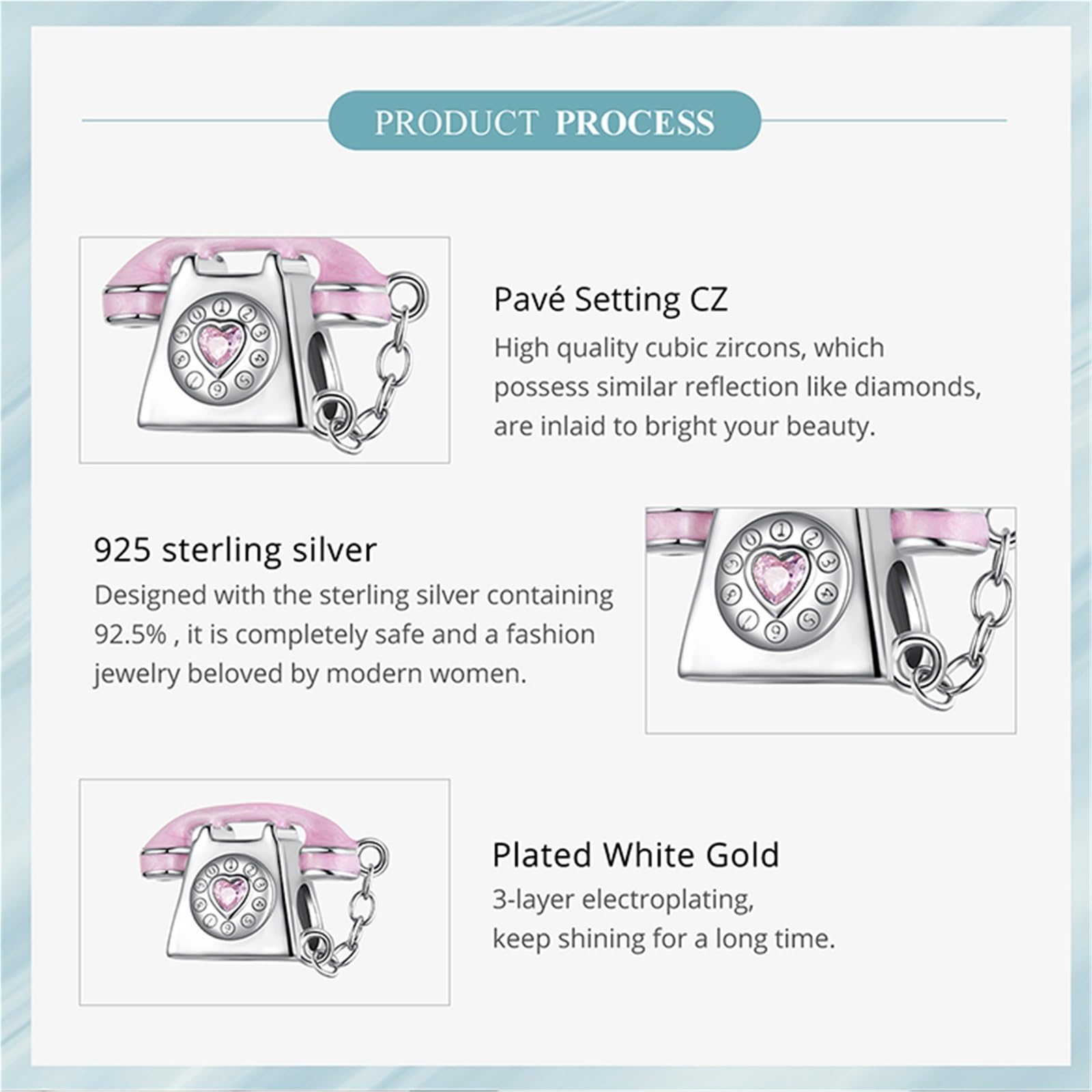 Dijes de cuentas de plata de ley 925: colgante vintage de teléfono rosa con circonita 3A y triple baño de platino. Ideales for hacer tú mismo, compatibles con Pandora, Biagi, Troll y Chamilia (