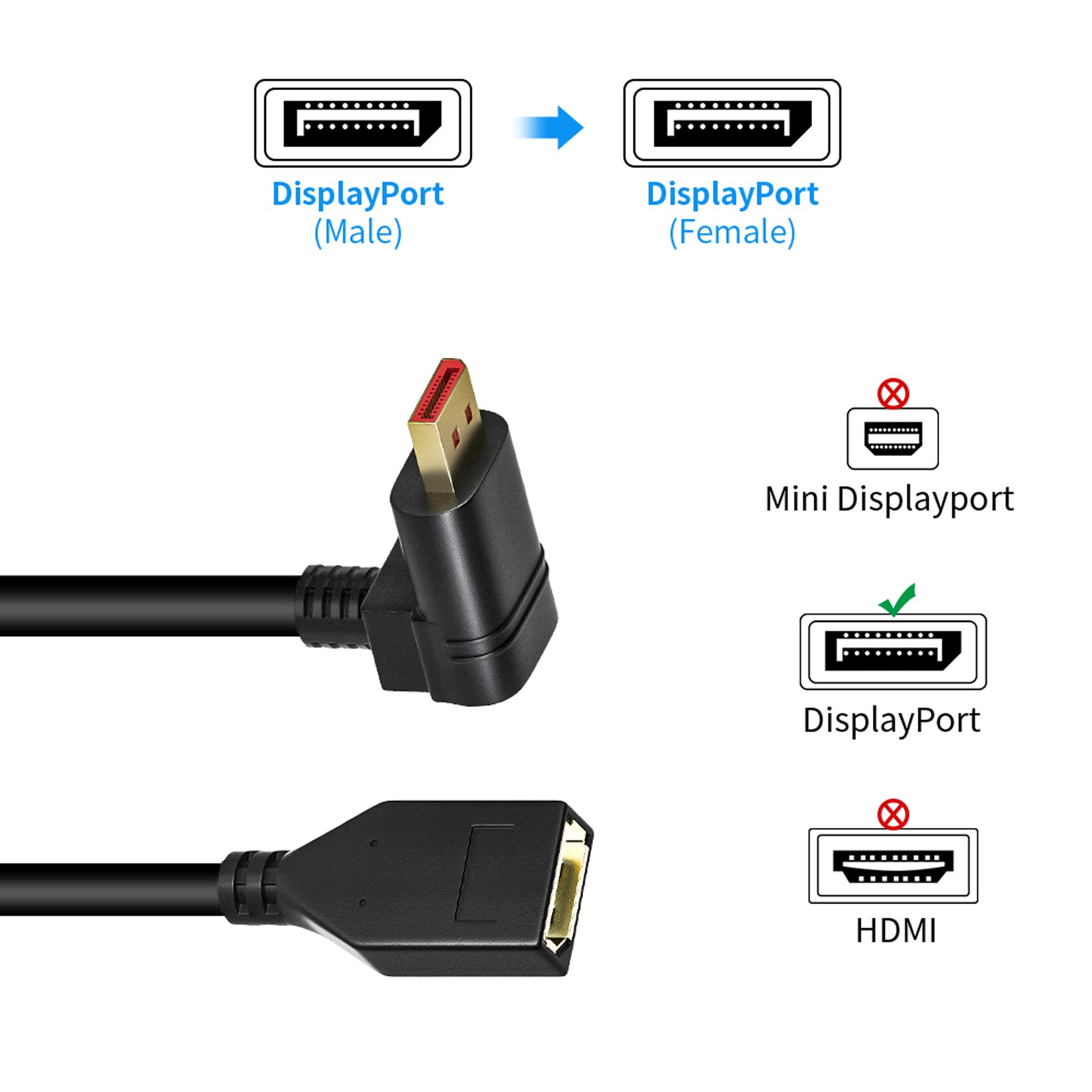 BolAAzuL Cavo DisplayPort Angolare 90° Maschio-Femmina 0.3m - DP 1.2 4K@60Hz, 2K@144Hz, Adattatore Per Monitor E PC