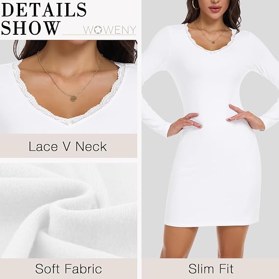 WOWENY Women's Long Sleeve Ribbed Bodycon Mini Dress Lace V Neck Thermal Dresses Fall Slim Fit Cocktail Party Short Dress