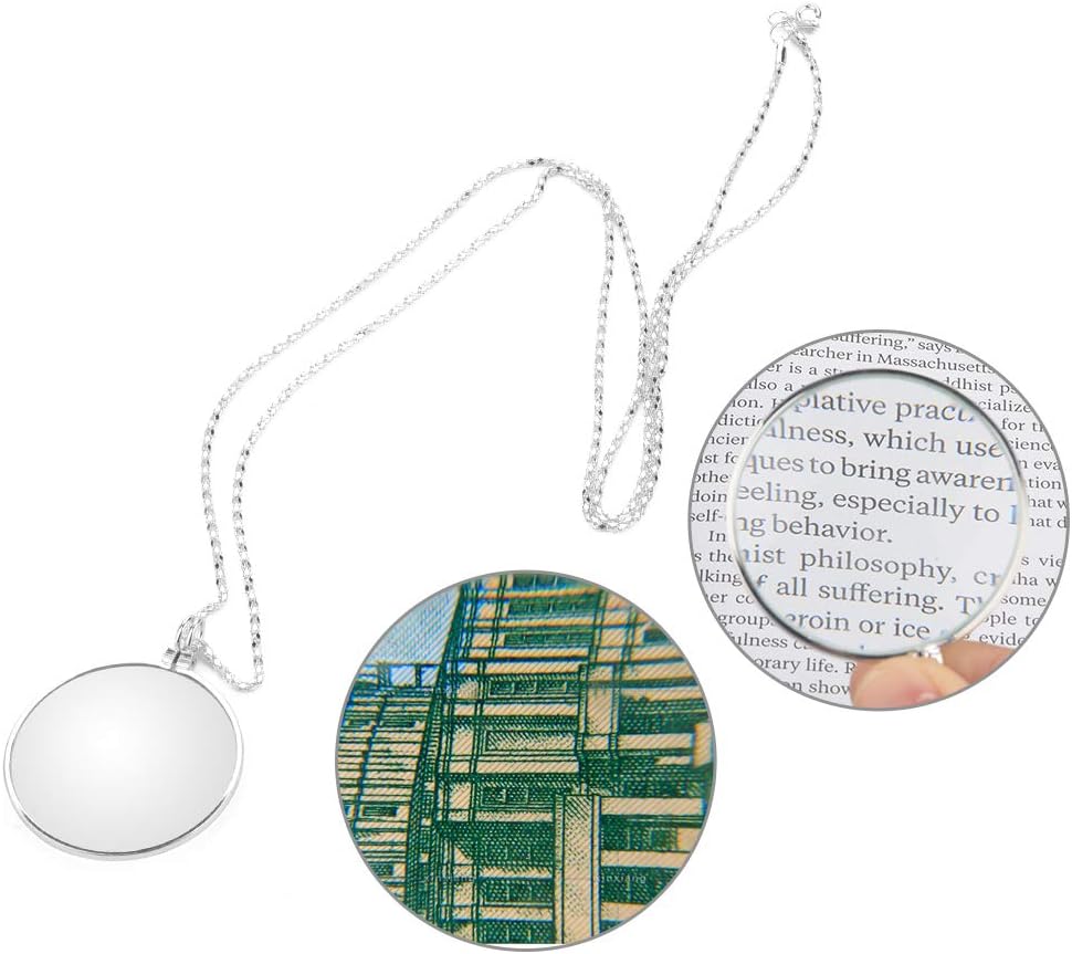 Hanging Magnifier, Portable 5X Magnifier Monocle Lens with Hanging Necklace for Reading Crafts Needlework Jewelry Hobbies(Silver)