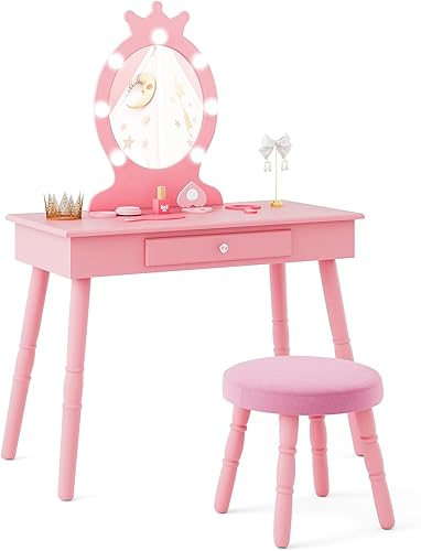 Miniatura 45 de Costzon Juego de tocador para niños, mesa de maquillaje de princesa de madera con taburete acolchado, cajón grande, patas de madera maciza y espejo