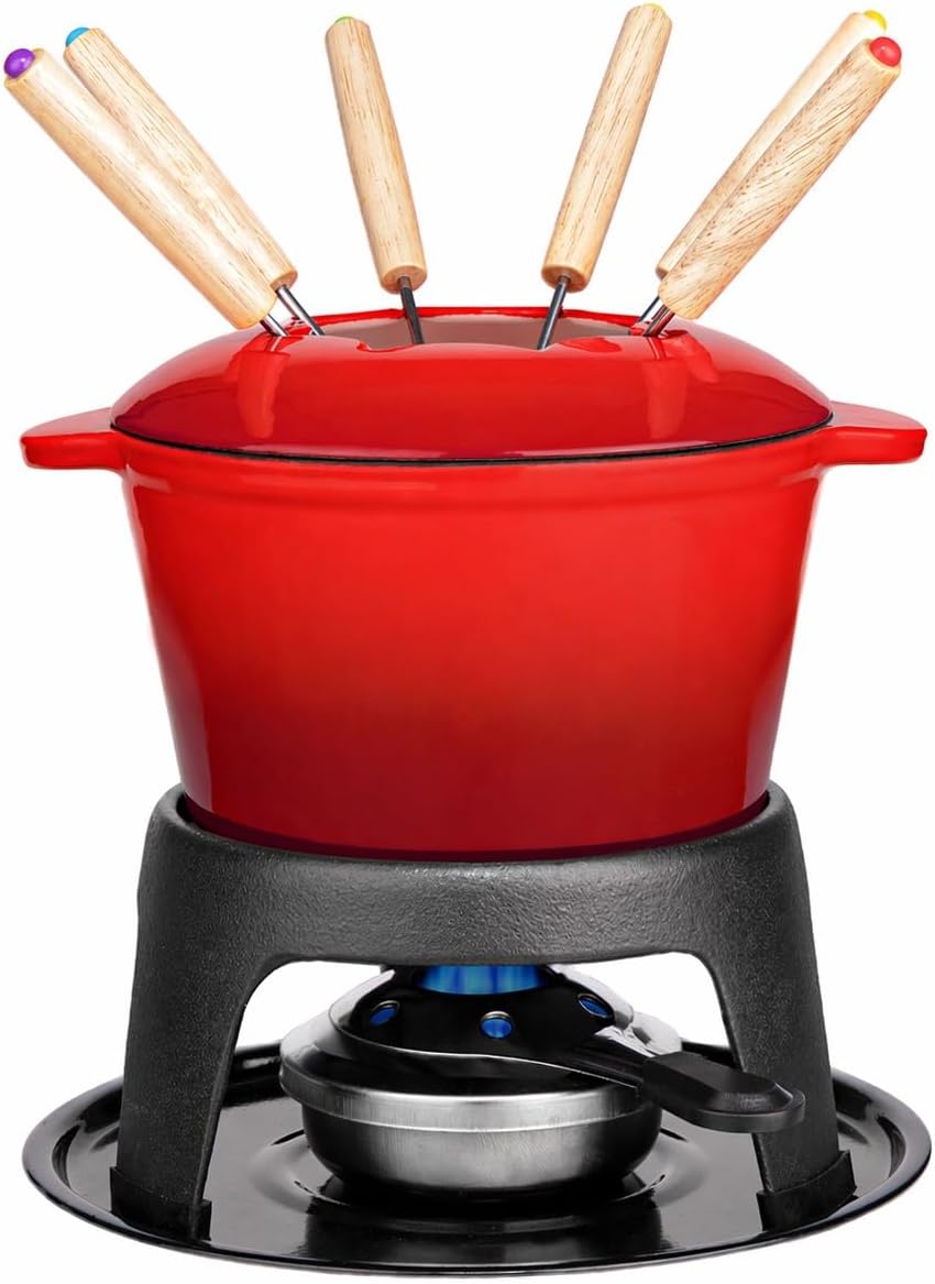 Mabeeze Cast Iron Fondue Pot Set Red Enameled 1.6 Qt for Cheese, Chocolate, or Meat: Includes 6 Fondue Forks | Cheese, Chocolate & Meat Fondue Pot with Burner, Stand & Splash Guard