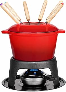 Mabeeze Cast Iron Fondue Pot Set Red Enameled 1.6 Qt for Cheese, Chocolate, or Meat: Includes 6 Fondue Forks | Cheese, Chocolate & Meat Fondue Pot with Burner, Stand & Splash Guard
