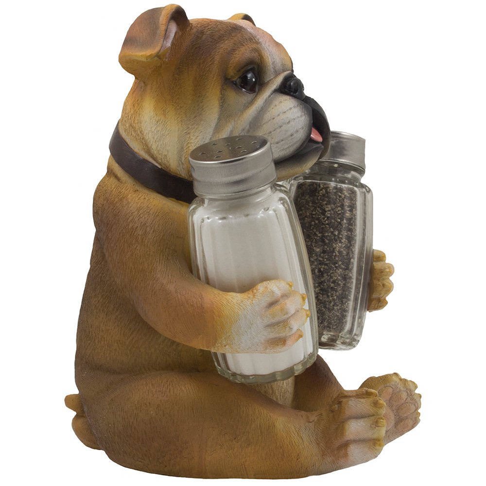 Bulldog - Juego de salero y pimentero con soporte decorativo para exhibición de especias, para cachorros y perros, decoración de cocina o decoración de mesa de bar como regalo de inauguración de la casa para los amantes de las mascotas