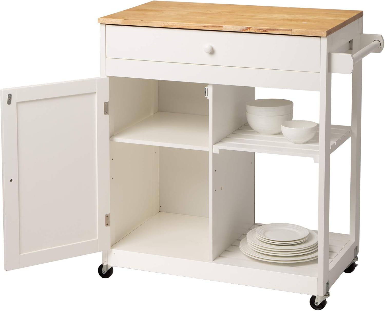 Glitzhome Island on Wheels Rolling Kitchen Cart with Storage, Wood Top Cabinet, 34.45" H, White