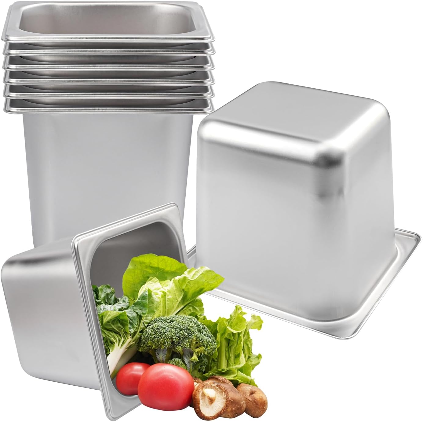 8 Pack 1/6 Size Stainless Steel Steam Pan, 6 Inch Deep Anti-Jamming Steam Pan, Stackable Steam Pan, Professional Grade, Hotel Steam Pans for Steam Table, Catering, Home Kitchen & Dining