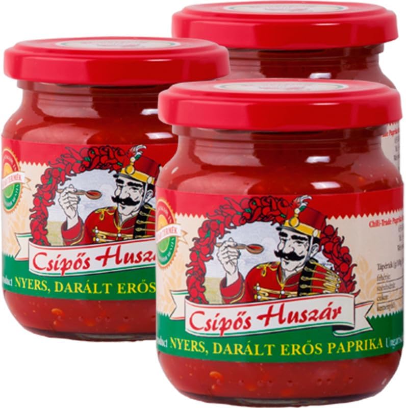 3 x Csipos Huszar Hungarian Paprika Paste, Hot (3x210g) Made in the Paprika Capital of the World, Kalocsa, Hungary