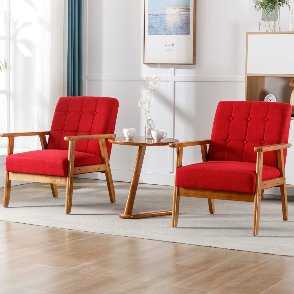 Mid Century Modern Arm Chair with Wood Frame Set of 2,Linen Fabric Comfy Reading Chair,Accent Chair for Living Room Bedroom Reading,Easy Assembly,Red