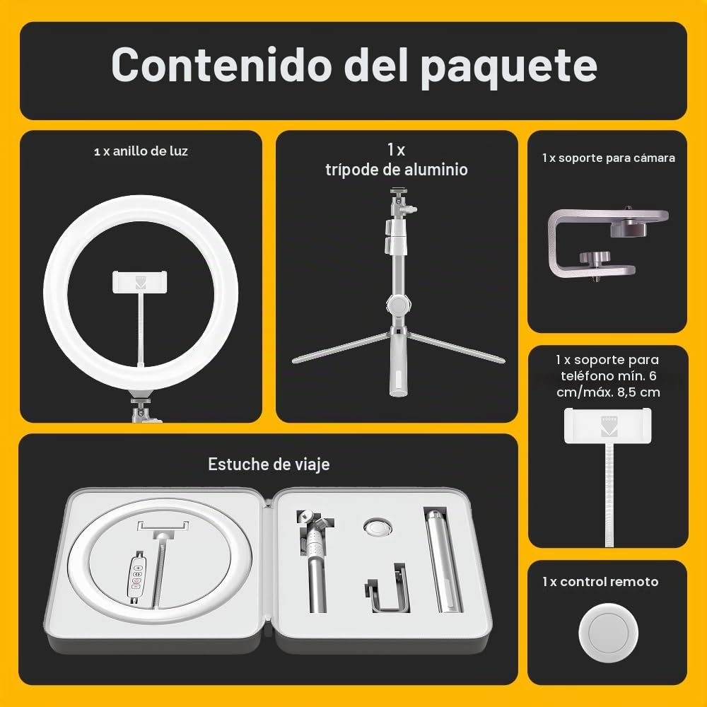KODAK LED Ringlight con tripode para moviles y pequeñas cámaras DSLR y de acción (25 cm de diámetro; Balance de brillo, altura y color ajustables; disparador remoto y bolsa de transporte incluida)