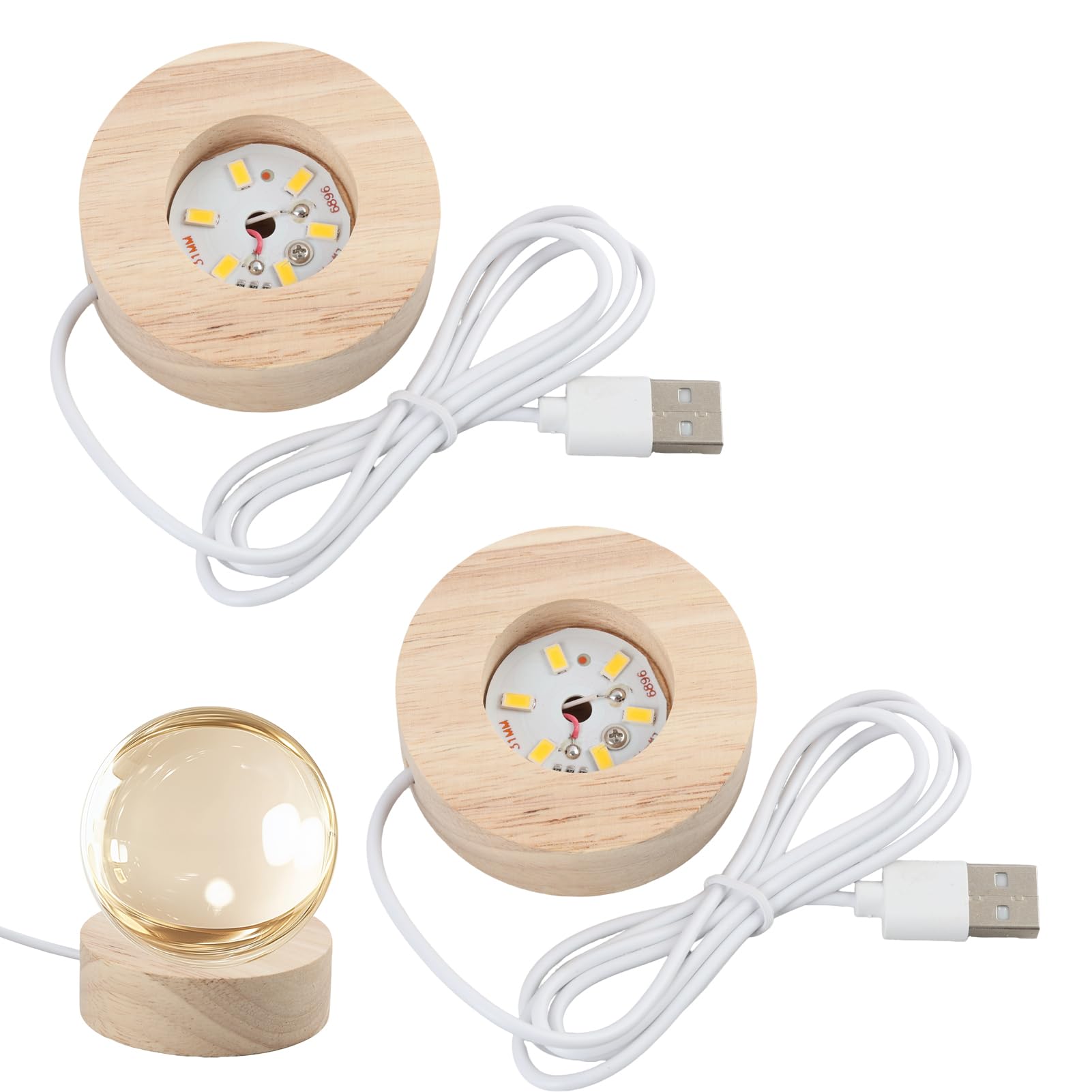 2 x Base luminosa a LED in legno, base luminosa a LED, rotonda, in legno, con USB, base di luce a LED per cristallo, vetro e resina, mini espositore luminoso per decorazione