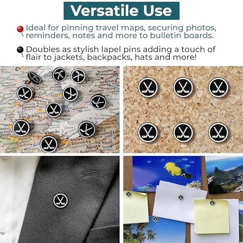 Image of Hockey Puck Push Push Pins, for Cork Board, Maps, or Lapel Pin Use, Designed in The USA, Hockey Pins, Set of 32