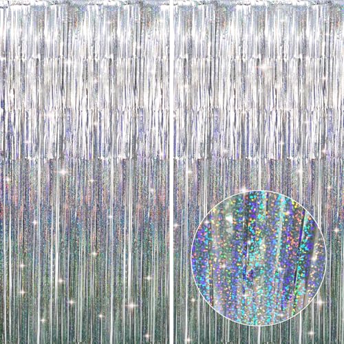Image of GOER 3.2 ft x 9.8 ft Metallic Tinsel Foil Fringe Curtains for Party Photo Backdrop Wedding Decor (2 Pcs, Shiny Silver)