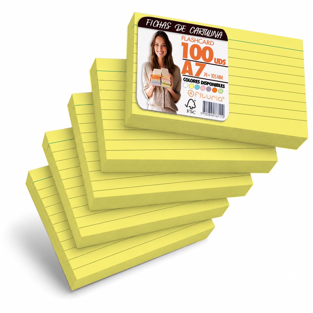 OFITURIA Index Cards A6 Yellow Lined Pack of 100
