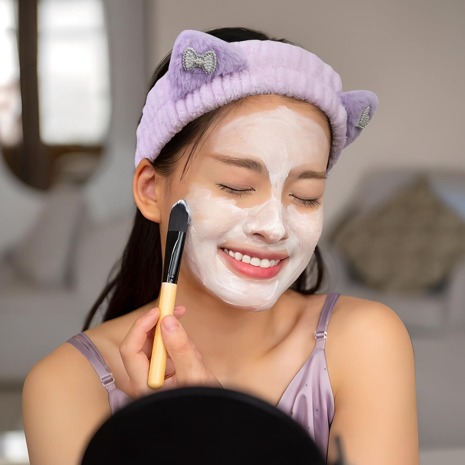 Spa Headband for Washing Face, 2 Pack Cute Cat Ear Hair Band for Shower Yoga Beauty, Fluffy Makeup Headband, Kawaii Facial Headbands for Woman Girls, Dark Pink+Purple Heart - Image 6