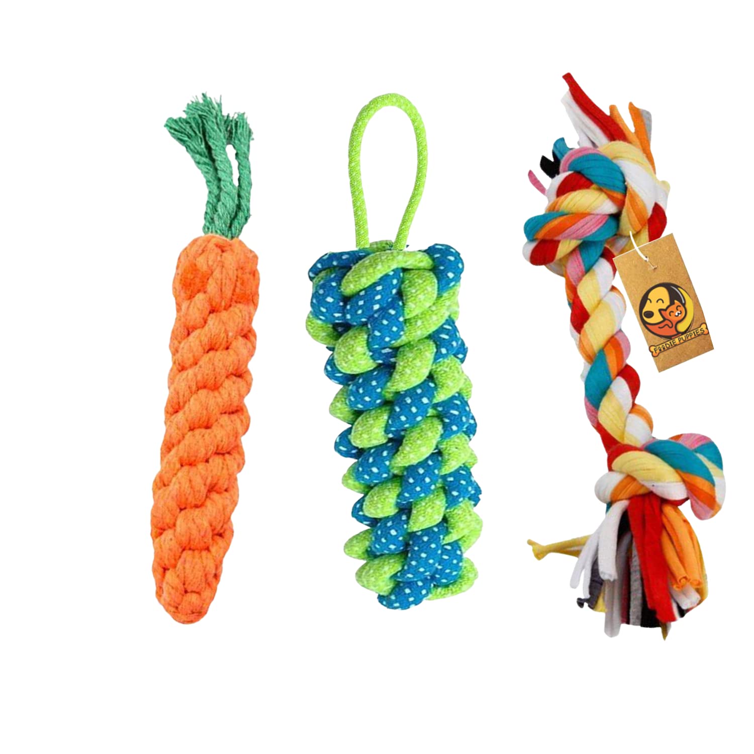 Foodie Puppies 3in1 Dog Chew Cotton Rope Toys Combo for Dogs (2Knot Rope + Corn Stick + Carrot Rope) | Washable Chew Rope Dog Toys for Playing, Teeth Cleaning and Training | for Medium to Large breeds (B093SWJFLB) Amazon Price History, Amazon Price Tracker