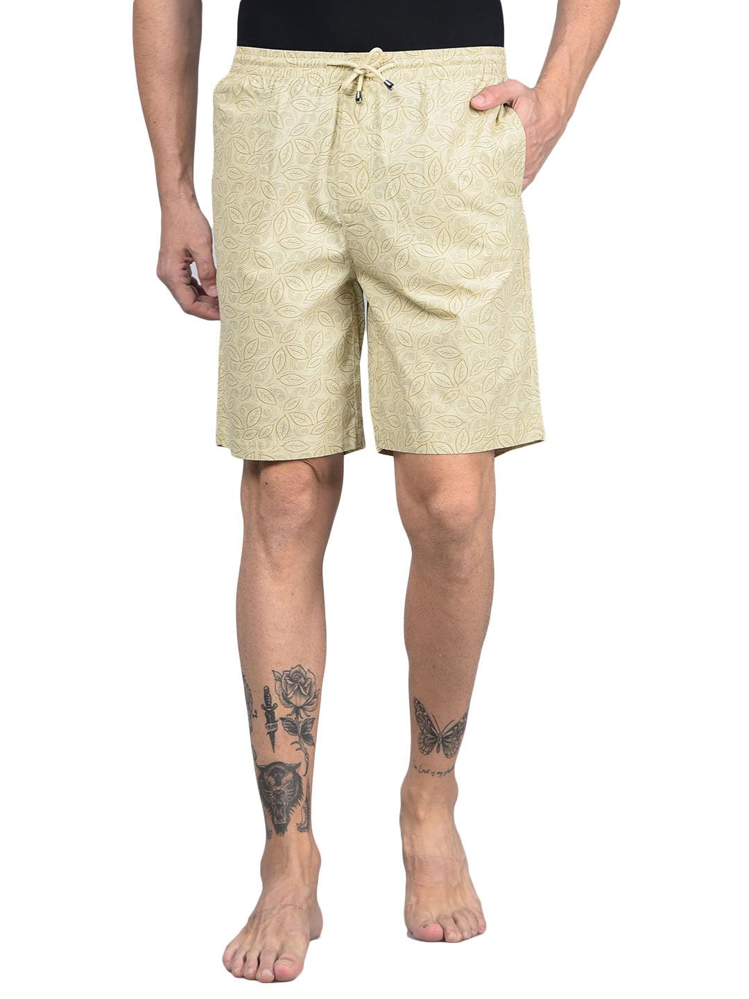 Men's Beige Floral Print 100% Cotton Lounge Shorts