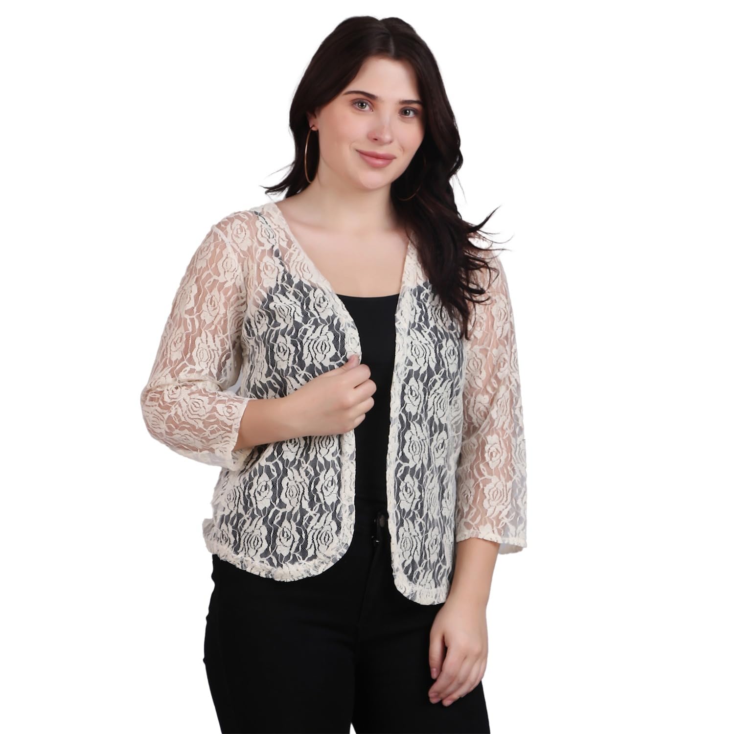 dressitude Women Self Design Cotton Lace 3/4th Sleeves Blazer Shrugs | Front Open, No Closure | Beige-picture-36