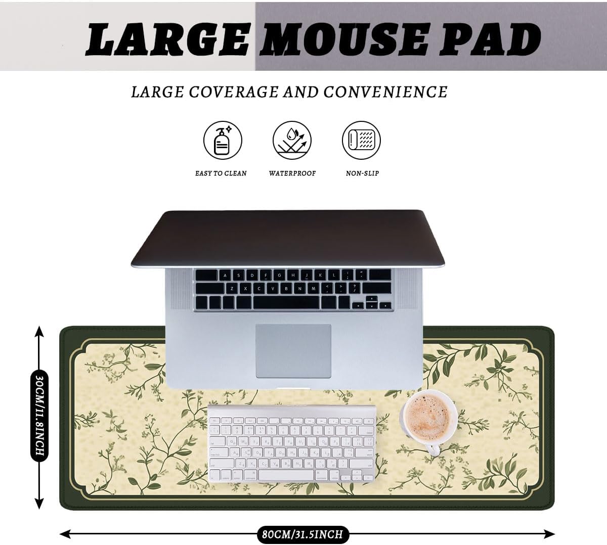 Vintage Botanical Large Gaming Mousepad, Green Vines Desk Mat for Keyboard, Large Gaming Mouse Mat with Stitched Edges,Non-Slip Waterproof Rubber Base Mous Mat, 31.5" x 11.8" - Image 2