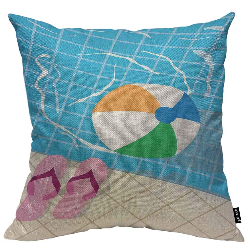 HOSNYE Throw Pillow Covers Swimming Pool Cotton Linen Throw Pillow Case Ball Beach Flip Flop Summer Pillow Cushion Cover Home Sofa Decorative 18x18