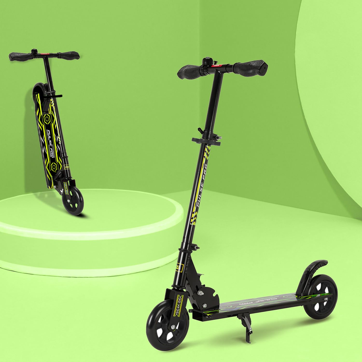 Amazon Brand - Jam & Honey Kick Scooter | Foldable 2-Wheel Design with Rear Brake | 3-Height Adjustable Handlebar | BIS Certified | 50 kg Max Load | Neon Green | Ages 6-13 Years