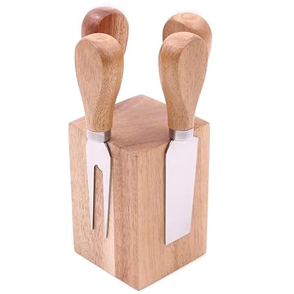 olelo 4 Pieces Cheese Knives Set Includes 4 Stainless Steel Cheese Slicer Cheese Cutter with Wooden Handle & 1 Wooden Magnetic Block Stand