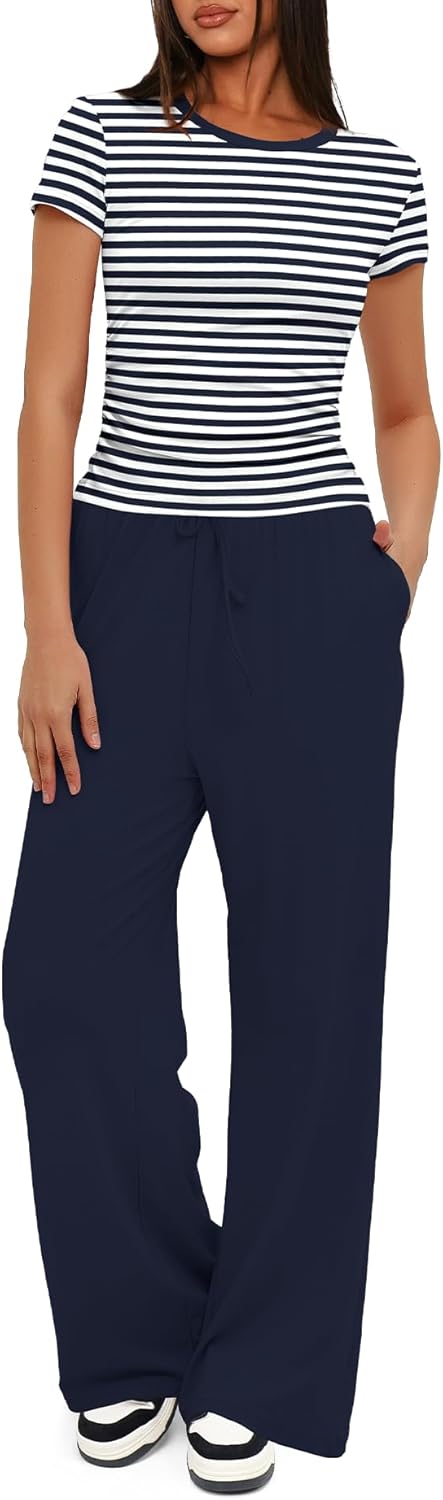 Darong Women's 2 Piece Set Outfits Lounge Sets Ruched Short Sleeve Tops High Waisted Wide Leg Pants Tracksuit Sets