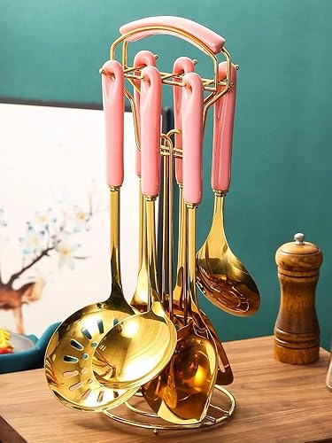 Miniatura 7 de Utensilios de cocina de acero inoxidable con mango de cerámica, 7 piezas con estante colgante, juegos de cocina antiquemaduras, juegos de utensilios