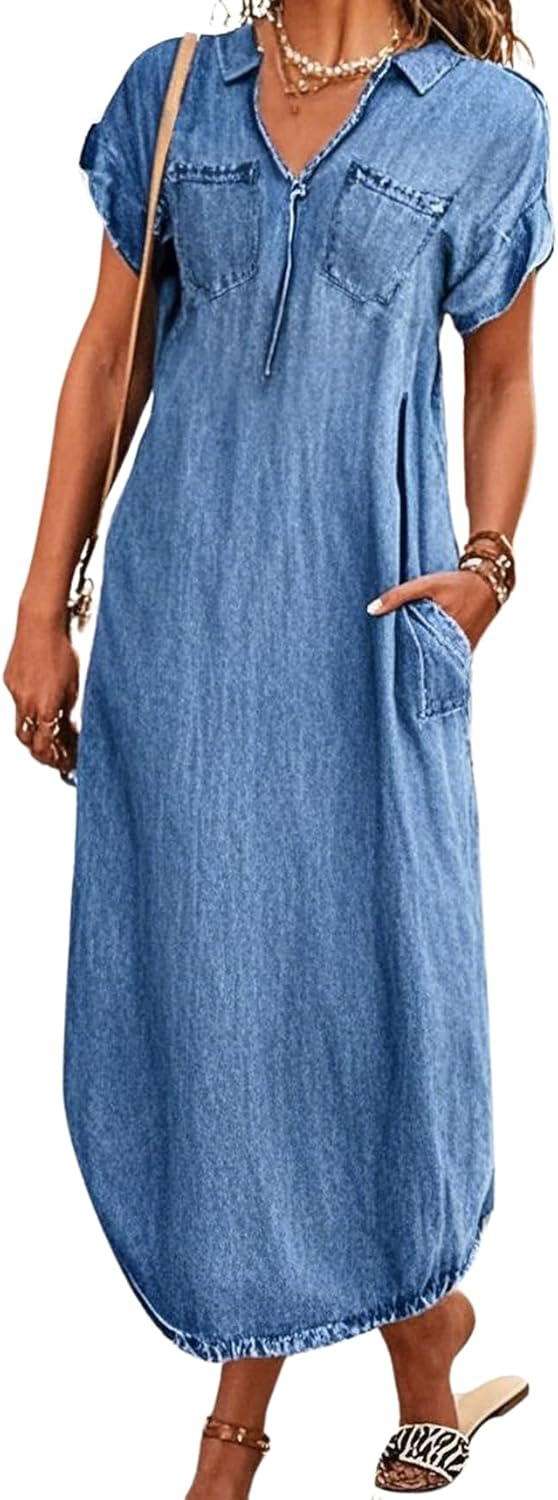 CHOUYATOU Women's Summer Notch Neck Short Sleeve Denim Dress Business Casual Jean Tunic Shirt Dress