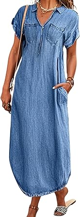 chouyatou Womens Summer Notch Neck Short Sleeve Denim Dress Business Casual Jean Tunic Shirt Dress