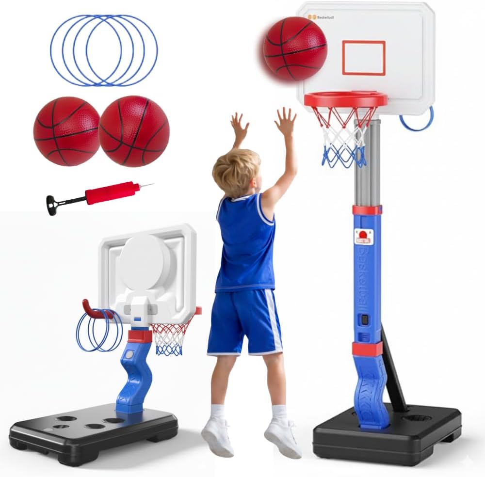 2-in-1 Toddler Basketball Hoop with Ring Toss Game, Adjustable 2.5–5.5 Ft Indoor & Outdoor Kids Basketball Set with Mini Balls, Rings, Pump & Stable Base | Sports Toy for Boys & Girls Ages 1–3+