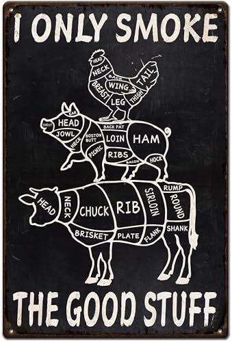 SMAZDFXX Barbecue Metal Tin Signs Chicken Pig Cattle Body Parts Retro Poster Butcher's Cut Smoking Meat Funny Vintage Art for Restaurant Home Man Cave Wall Decor Plaque Sign 8"x12"