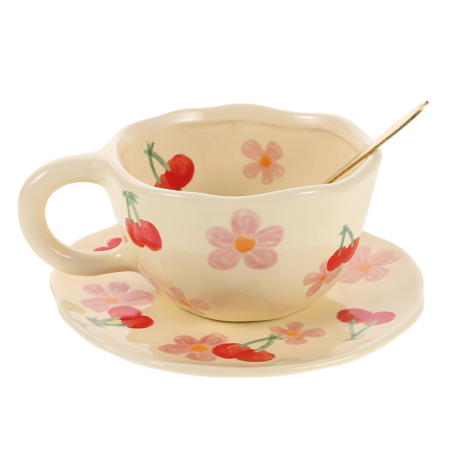 Juego de taza de café de cerámica rosa con platillo y cuchara FOMIYES para oficina
