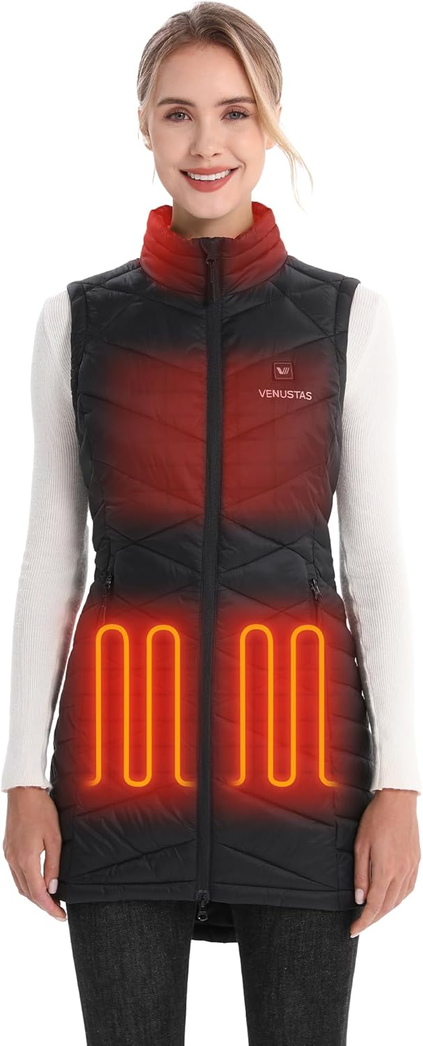 Venustas Women's Quilted Long Heated Vest with Battery, Warm Rechargeable Heating Clothing, Electric Puffer Vest for Ladies