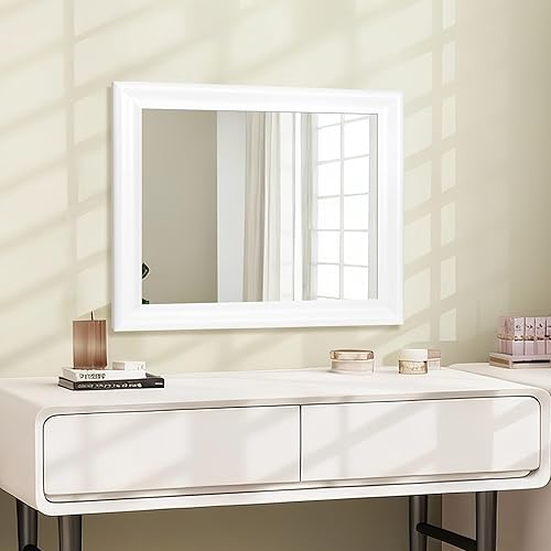 Vista 4 de CULER Espejo de pared de madera blanca para baño, espejos colgantes rectangulares de 20 x 16 pulgadas con marco de madera para sala de estar