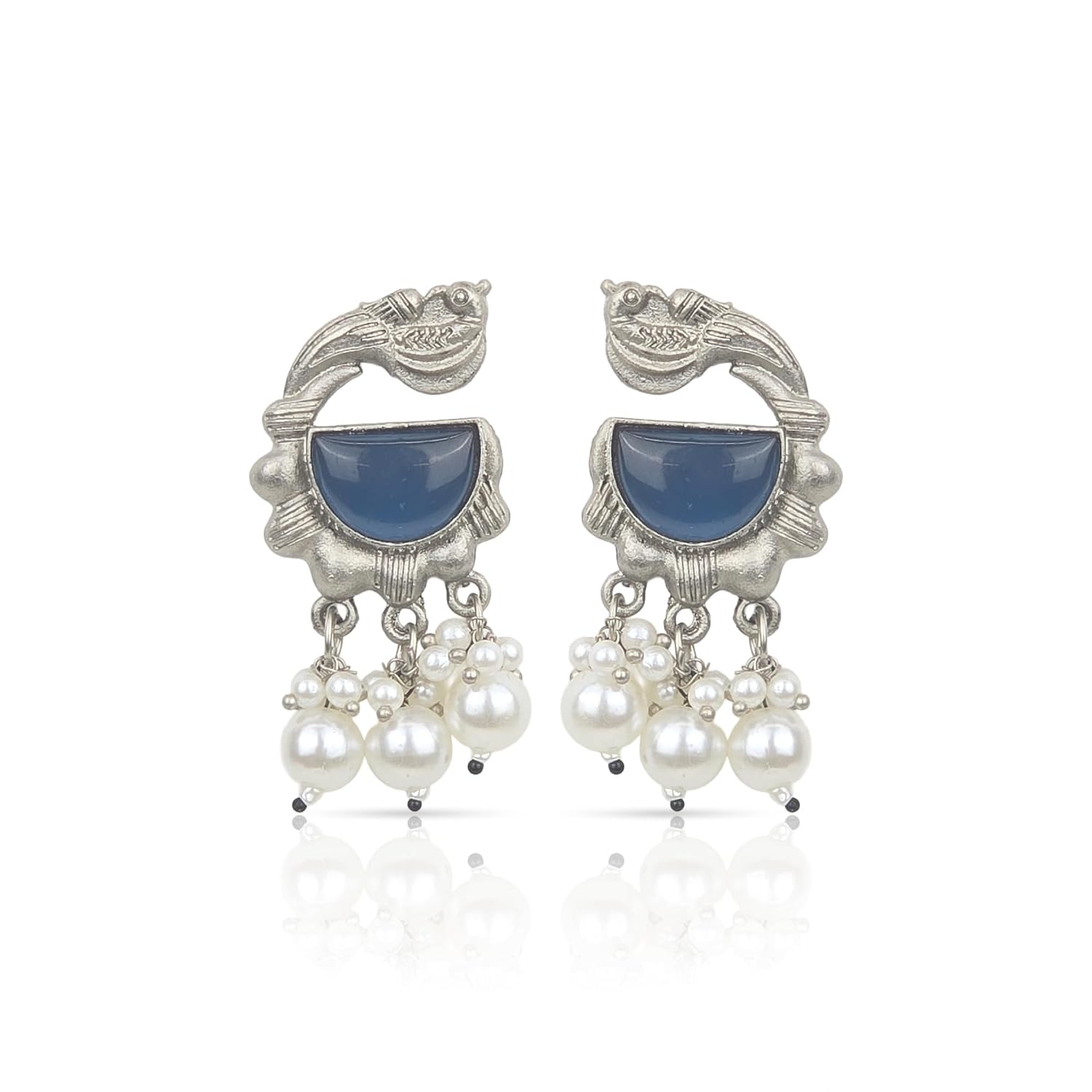 Yellow Chimes Bird Design Oxidised Earrings | Blue Stone Pearl Drop Ethnic Earrings for Women | Festive Jewellery