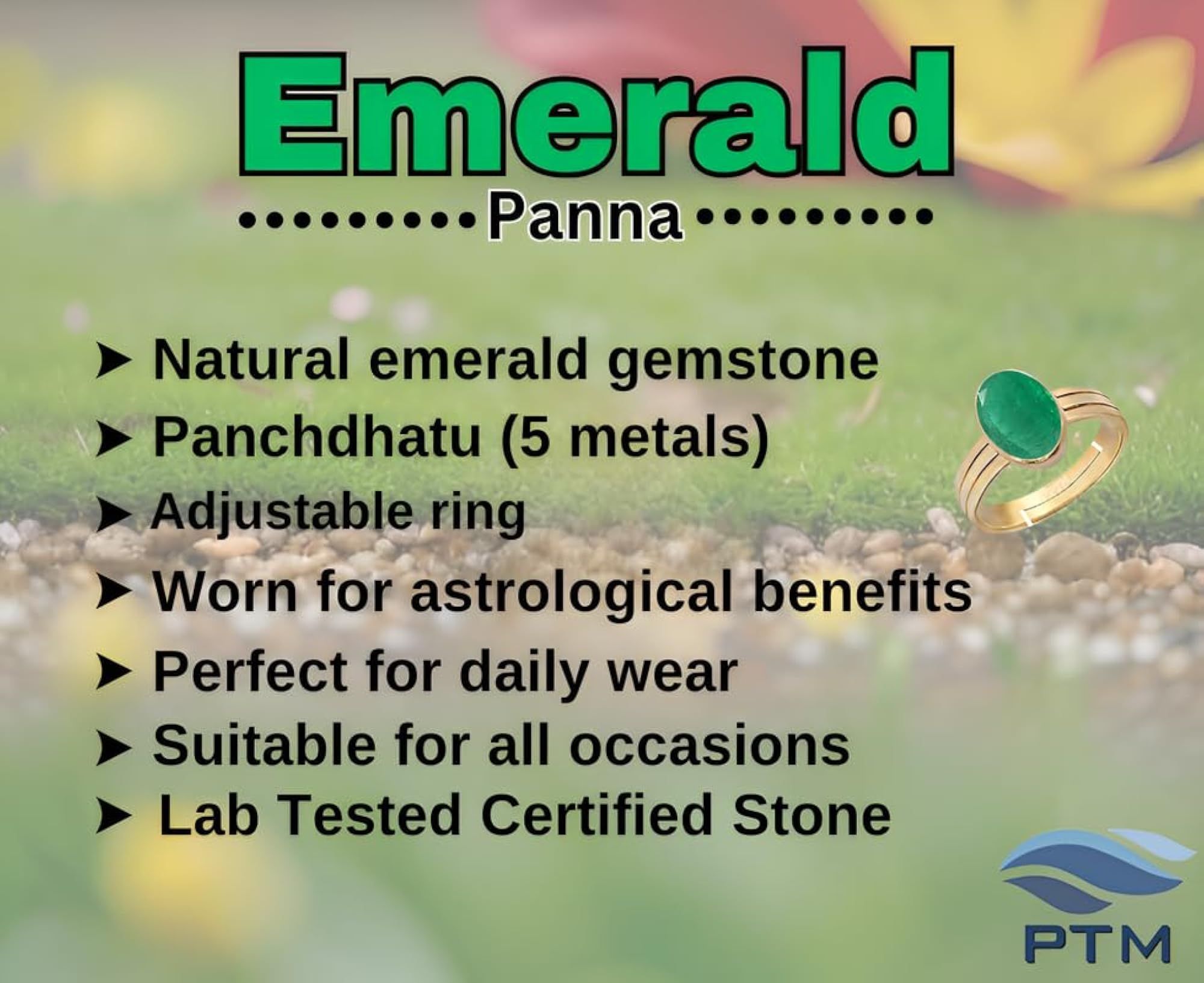 Women's Emerald 9.25 Ratti Gold Plated Adjustable Ring, Astrological Gift