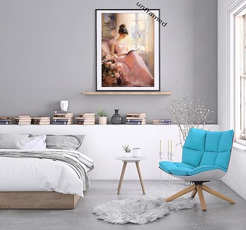 Miniatura 3 de Huabsad Pintura al óleo de retrato vintage, arte de pared retro de niña rosa leyendo un libro, carteles famosos antiguos femeninos, impresiones en