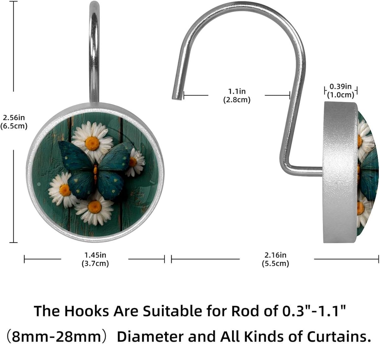 Daisy Butterfly on Rustic Teal Wooden Shower Curtain Hooks Rings, rustproof Stainless Steel for Bathroom Shower Rod, 12 Pack