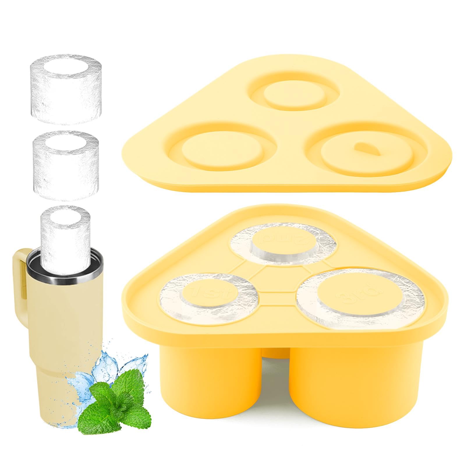 Ice Cube Tray for Stanle-y Cup, 3 in 1 Silicone Ice Cube Molds With Lid and Bin for 30-40 oz Tumbler Cup, Ice Mold for Chilling Cocktails, Whiskey, Drinks, Coffee, Easy Fill and Release(COLOR:Yellow)