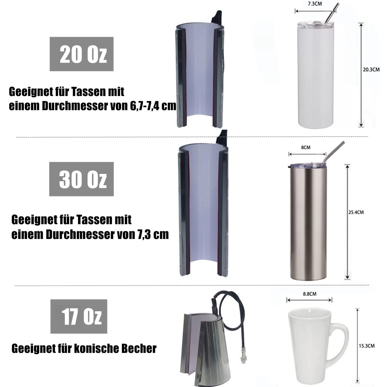 6 in 1 Tassenpresse Sublimationspresse - Transferpresse Mug Press 8-30OZ, 500W - 200 ℃ Schnelles Erhitzen, Multifunktionale Becherpresse, Sublimation Tasse Drucken mit Digitalanzeige