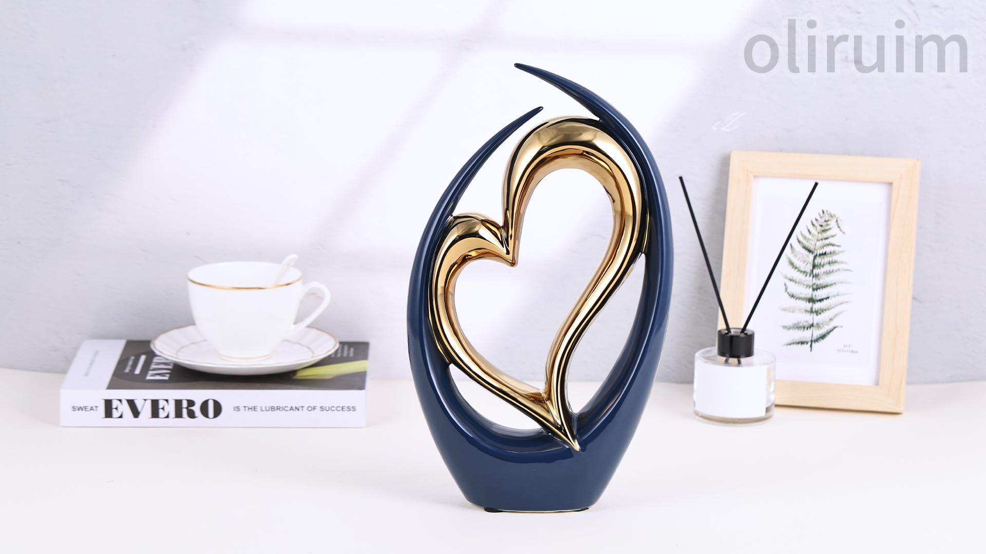 Estatua decorativa de corazón de cerámica azul y oro miniatura 7