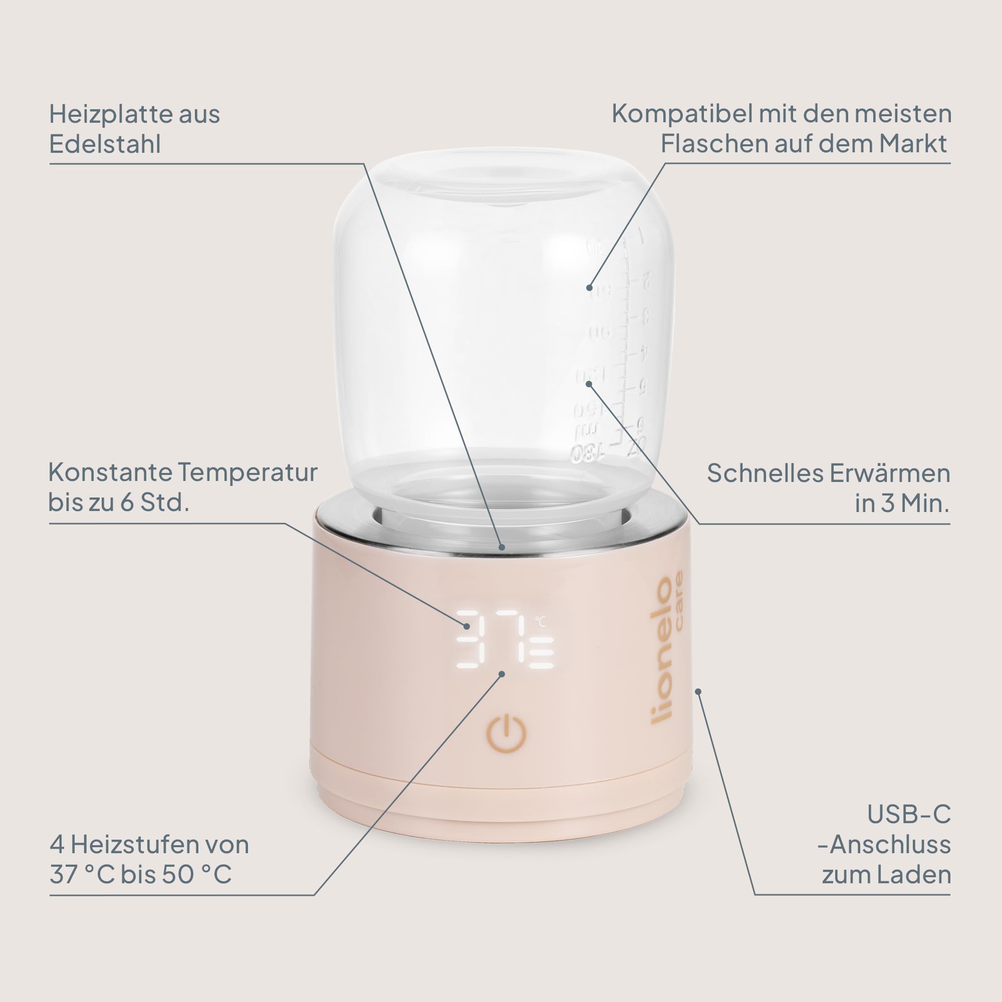 Lionelo Thermup Swift - Mobiler Flaschenwärmer für Babys unterwegs, kabellos 5000 mAh Akku, 90 ml in 3 Min auf 37°C, USB-C, Touch-Display, 4 Stufen 37–50°C, Warmhalten bis 6 h, BPA-frei