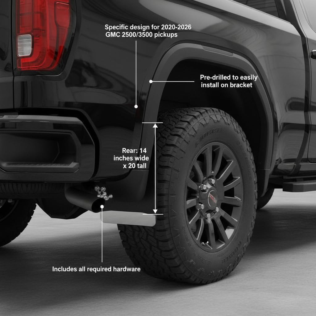 No-Drill Rear Mud Flaps Specifically Designed for 2020-2026 GMC Sierra 2500/3500 HD Pickups – Pre-Installed Stainless Steel Weights, Durable 304 Steel Construction, Precise 14" W x 20" H Dimensions