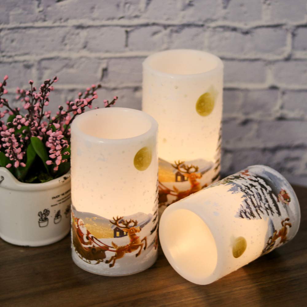 Eldnacele Candele natalizie senza fiamma tremolanti con timer 6H, confezione da 3 candele di cera con Babbo Natale, luci a LED per la decorazione natalizia della casa, alimentate da 2 batterie AA