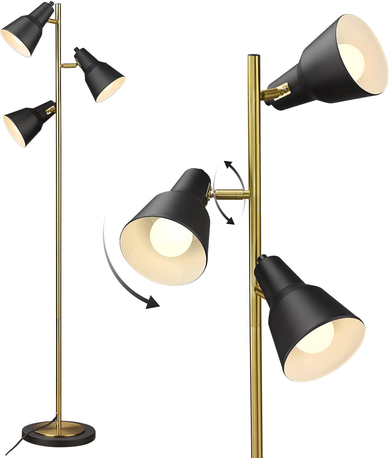 ELYONA Gold Tree Floor Lamp with 3 Adjustable Rotating Lights, Industrial Tall Pole Metal Standing Lights with 3 LED Bulbs for Living Room,Bedroom,Farmhouse,Office,Hotel, Vintage Brushed Brass & Black