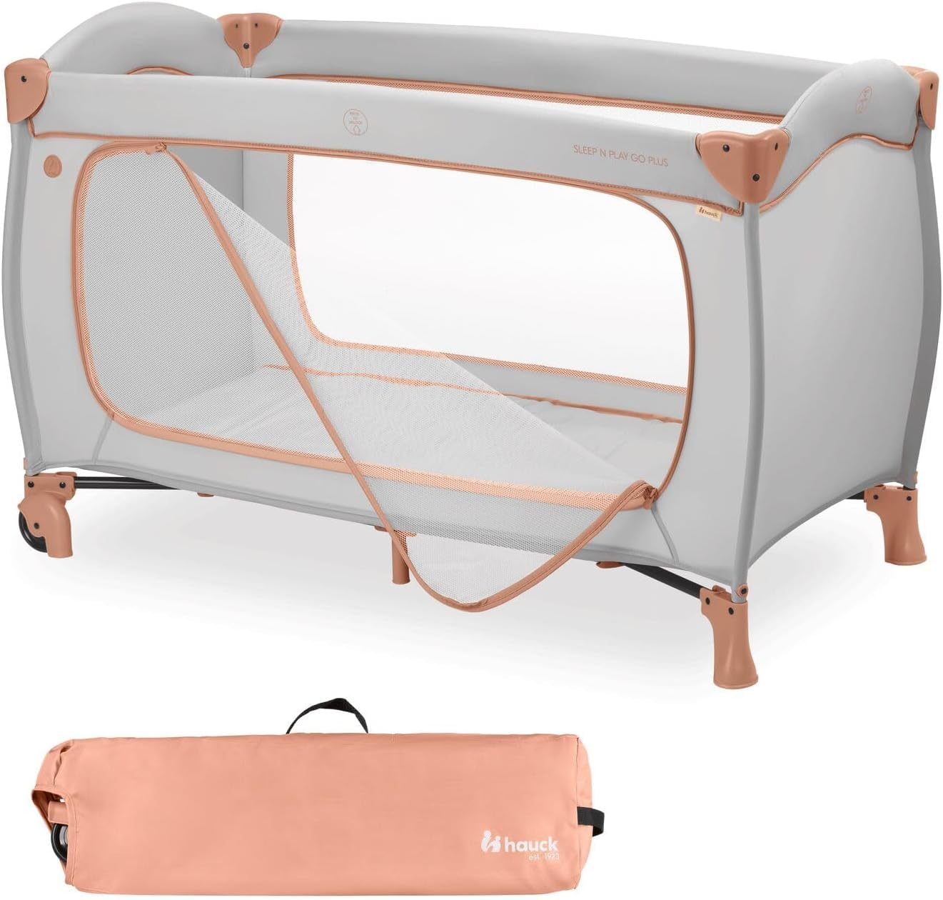 Hauck Baby Umbrella Bed Sleep N Play Go Plus, Large Side Opening for Playing, Foldable, Compact, Carry Bag, Newborn to 15kg, Dusty Cork