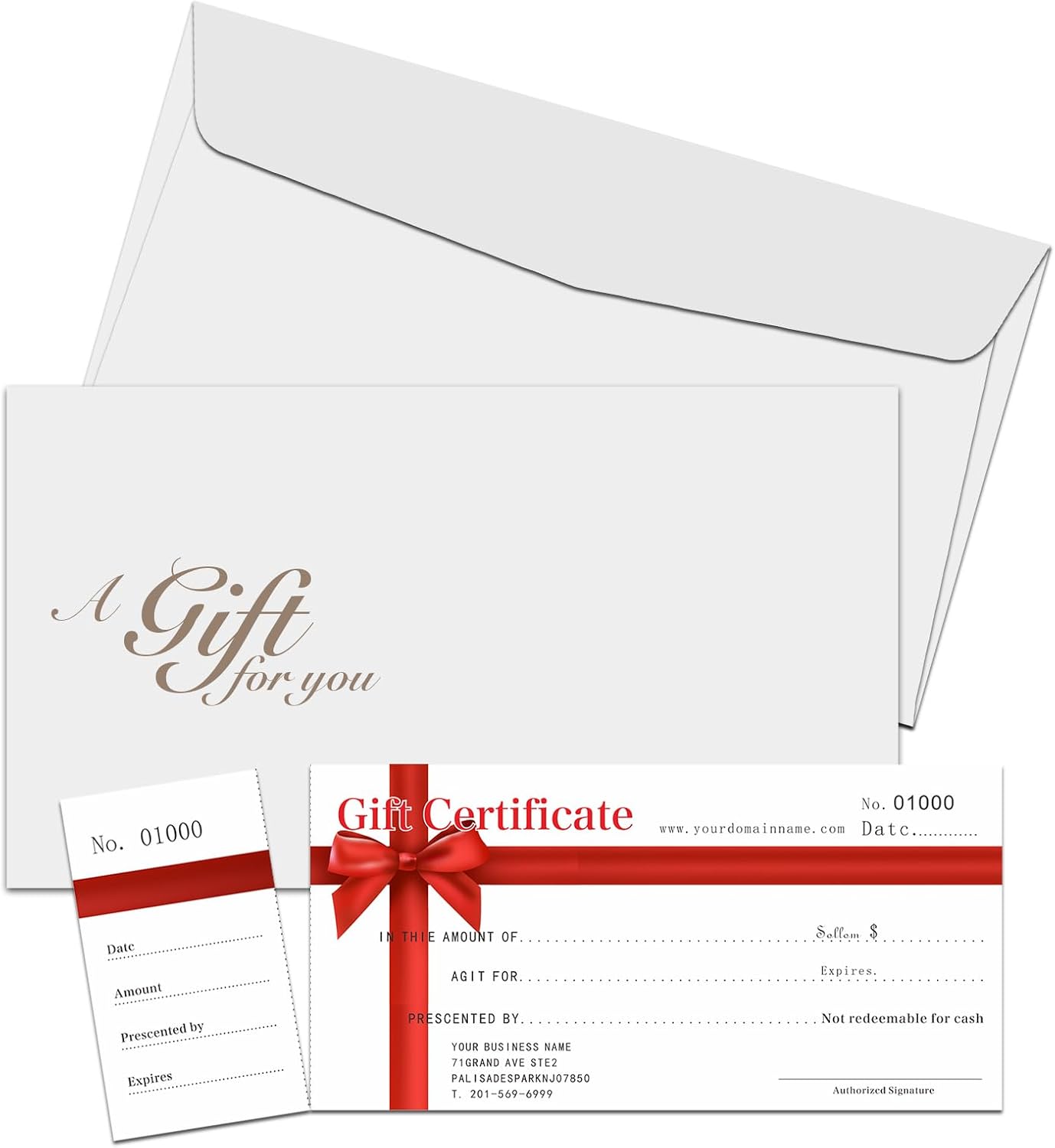 Custom Red Ribbon Gift Certificates with Envelopes Gift Vouchers for Business, Spa, Salon, Restaurant & All Occasions Personalized Gift Certificate Cards for Birthday, Christmas, Wedding (50 Qty)